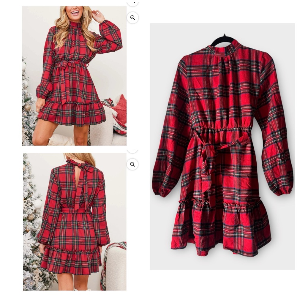 Cupshe Red Plaid Long Sleeve Dress